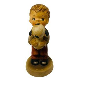 Vintage Hand Painted Ceramic Boy Holding Puppy Figurine From Japan 4 3/8" Made i